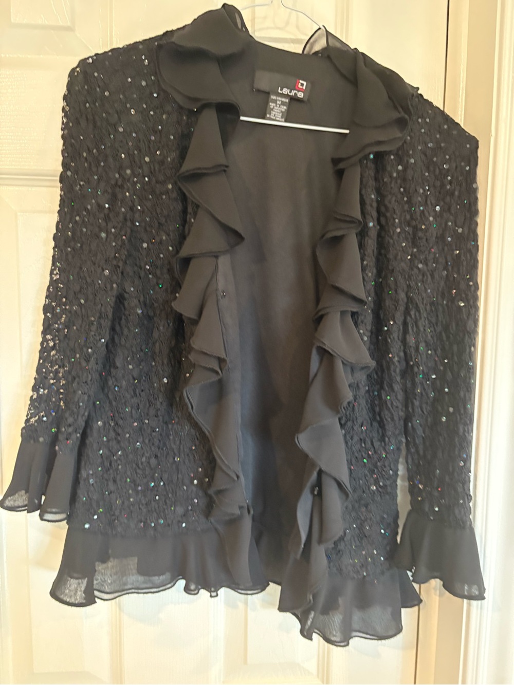 Laura Black Sequin Ruffle Open-Front Blouse